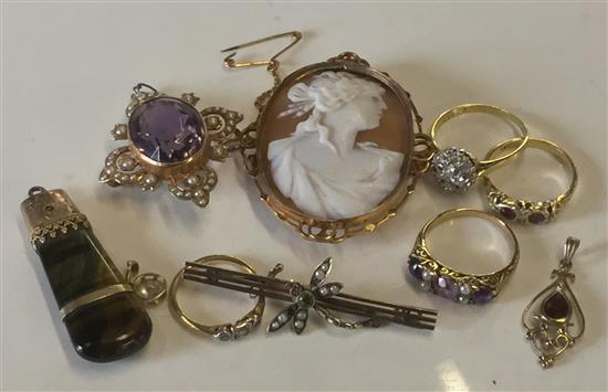 Gold cameo brooch, diamond rings, brooch etc